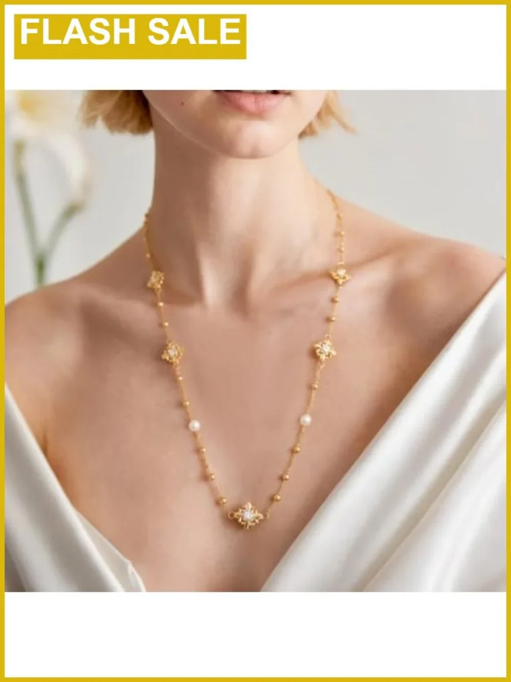 Long Layered Pearl Necklace Iris Flower Zircon Gold Bead Statement Jewelry